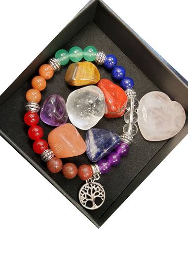 Chakra Tree Bracelet, Rose Quartz Heart and Chakra Stones Gift Pack